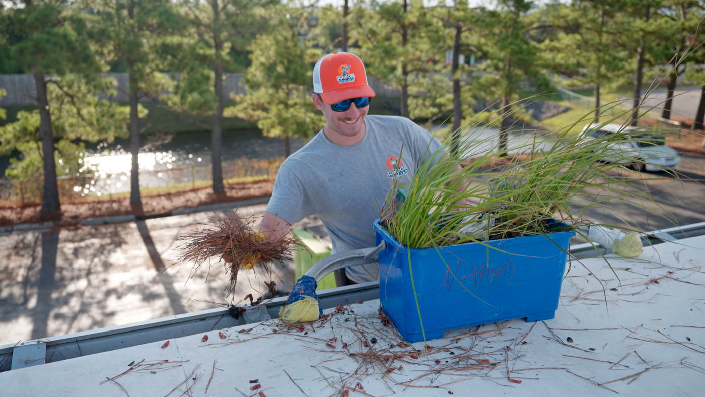 A Window Ninjas technician placing debris from a gutter into a box. 